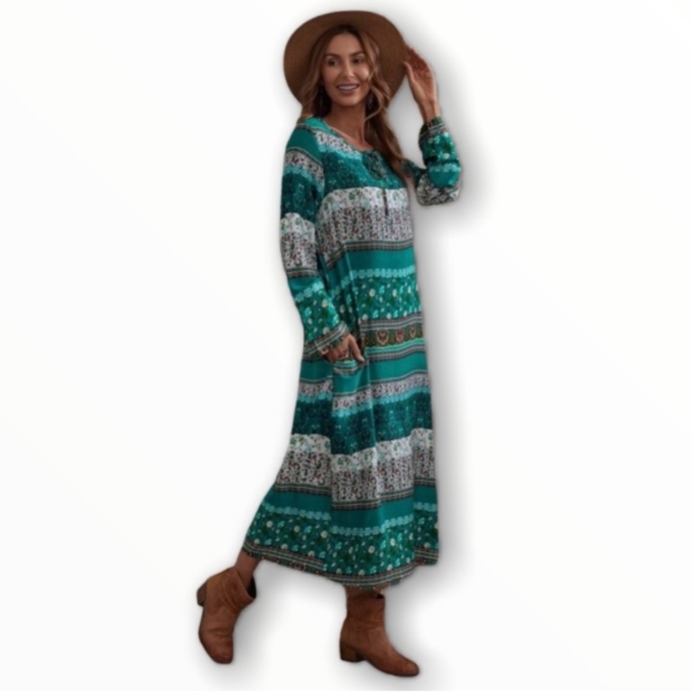 #235 Modest Tribal Floral Long Sleeve Dress - Picture 9 of 17